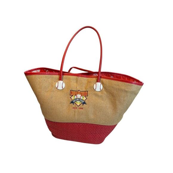 Cooperstown Dreams Park Baseball Themed Tote Bag With Red & Beige Straw Design - Picture 1 of 9